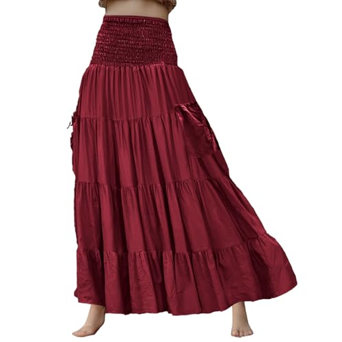 Damen Baumwolle Leinen Rock Hoher Taille Boho Damenrock High Waist Leichte Strand Maxirock Atmungsaktiv Frühling Sommer Elastisch Taille Freizeitrock Elegante Causal Strandrock Lange (Red #3, XL) von Generisch