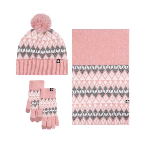 Damen Beanie Hut Handschuhe Set - Set Mütze Schal Handschuhe Beanie mit Fellbommel + Schlauchschal warme Wolle warmem Strickfleece-Futter Haube Wintermütze Strickmütze mit scarf Damen Herren von Generisch