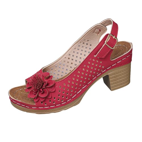 Damen Bequeme Freizeitschuhe Offene Zehenpartie Hohle Blume Keilabsatz Hausschuhe Sandalen (Red, 39) von Generisch