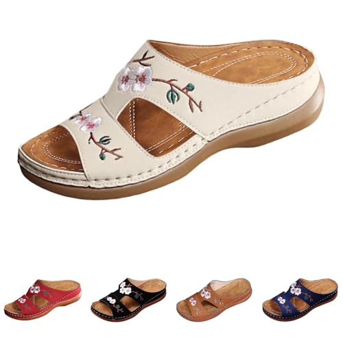 Damen Bestickte Blumen Sandalen, WalkingSandalen Leder Blume Bestickt Vintage Casual Weich Fußbett Orthopädische Fußgewölbeunterstützung Sandalen von Generisch