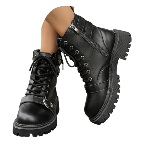 Damen Biker Boots, Lederimitat Stiefeletten mit Schnürung und Reißverschluss, Chunky Plateau Stiefel für Damen, Trendige Winterstiefel mit breiter Sohle, Bequeme Hausschuhe & Outdoorschuhe von Generisch