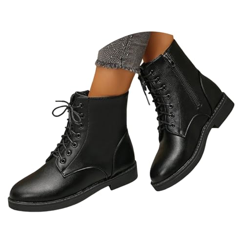 Damen Biker Boots, Lederimitat Stiefeletten mit Schnürung und Reißverschluss, Chunky Plateau Stiefel für Damen, Trendige Winterstiefel mit breiter Sohle, Bequeme Hausschuhe & Outdoorschuhe von Generisch