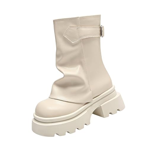 Damen Bikerstiefel mit Blockabsatz Schnallen Plateau Stiefeletten Damen Stiefel Freizeit Lederstiefel Kurzstiefel Retro Schlupfstiefel Ankle Boots Herbst Winter Damenstiefeletten Übergangsstiefel von Generisch