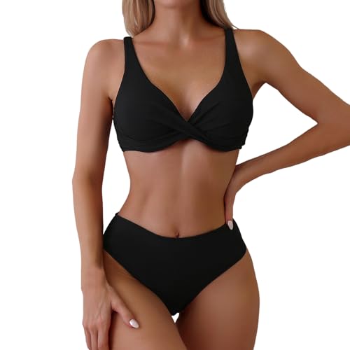 Damen Bikini Set Badeanzug Bauchweg Sport Bikinis-Sets High Waist Bademode Push Up Gerippt V Ausschnitt Neckholder Wickeloptik High Waist Bikini Bademode Tanga Bademode Verstellbare für Strand, Pool von Generisch