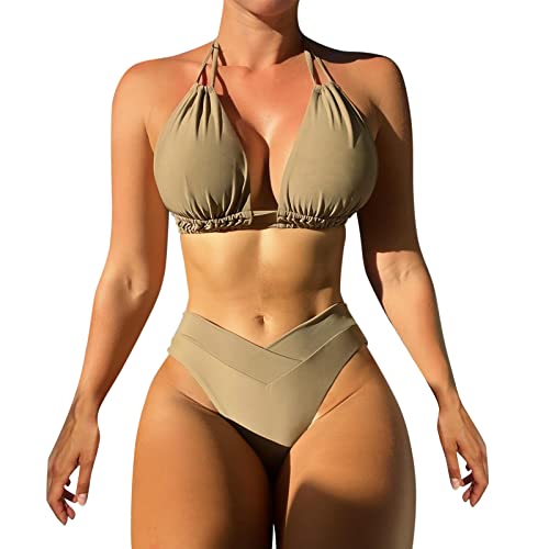 Damen Bikini Set U Ausschnitt Zierausschnitten Mid Waist Bademode Zweiteiliger Badeanzug Swimsuit Gepolsterte Strandbekleidung mit Triangel Bikinihose Breit von Körpchen Verstellbar für Frauen Mädchen von Generisch