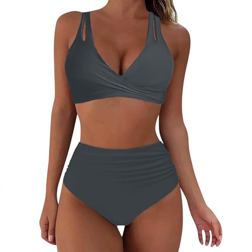 Damen Bikini Set Wickel Push Up Badeanzug Strand V Ausschnitt Überkreuztes Bikini Bademode mit Doppel Träger Ruched Bauchweg High Waist Zweiteiliger Badeanzug Swimsuit(Grau, XXL) von Generisch