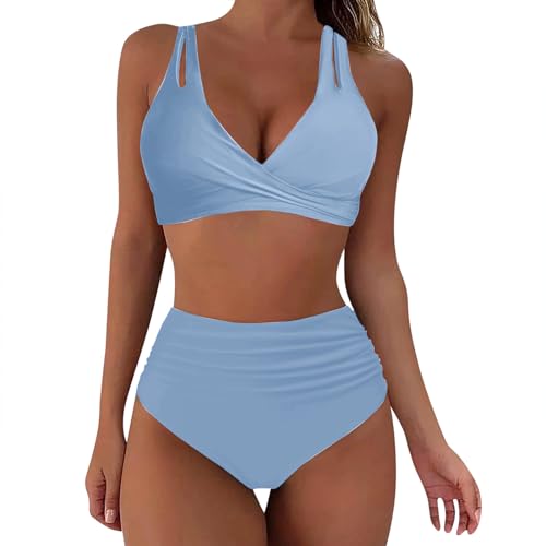 Damen Bikini Set Wickel Push Up Badeanzug Strand V Ausschnitt Überkreuztes Bikini Bademode mit Doppel Träger Ruched Bauchweg High Waist Zweiteiliger Badeanzug Swimsuit(Hellblau, L) von Generisch