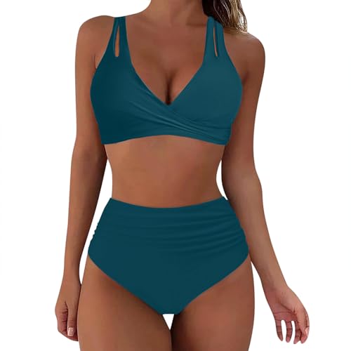 Damen Bikini Set Wickel Push Up Badeanzug Strand V Ausschnitt Überkreuztes Bikini Bademode mit Doppel Träger Ruched Bauchweg High Waist Zweiteiliger Badeanzug Swimsuit(Marine, L) von Generisch