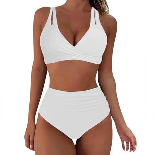 Damen Bikini Set Wickel Push Up Badeanzug Strand V Ausschnitt Überkreuztes Bikini Bademode mit Doppel Träger Ruched Bauchweg High Waist Zweiteiliger Badeanzug Swimsuit(Weiß, M) von Generisch