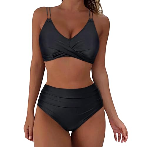 Damen-Bikini mit hoher Taille, sexy Push-up-Zweiteiler-Badeanzug, Vintage-Badeanzug, Zweiteiliger Retro-Bikini-Set mit gerüschtem Print hoher Taille Schwarze Herren Unterhemden (1-Black, L) von Generisch