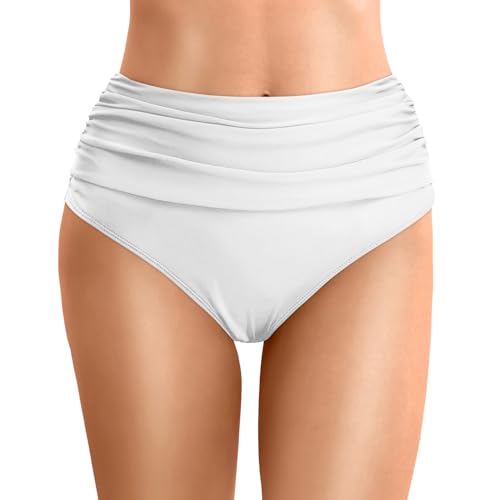 Damen Bikinihose Retro Ruched Bauchweg Klassisch Schwarze Badehose Strandhose Grosse Grössen für Frauen Einfarbiges Bikinis für Damen Klassisch Bequemer Bikini Slip für Strand (01-White, XL) von Generisch
