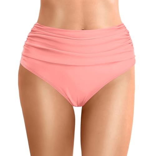 Damen Bikinihose Retro Ruched Bauchweg Klassisch Schwarze Badehose Strandhose Grosse Grössen für Frauen Einfarbiges Bikinis für Damen Klassisch Bequemer Bikini Slip für Strand (02-Rose Gold, M) von Generisch