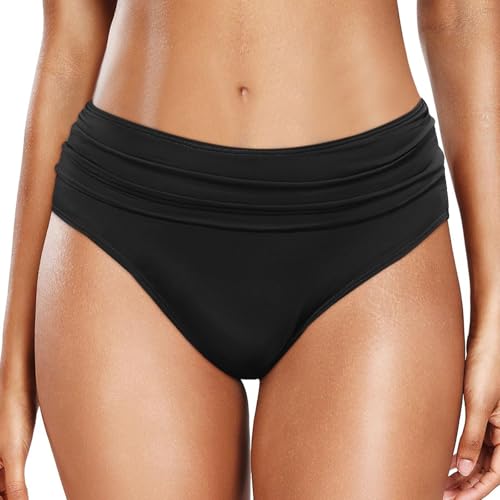 Damen Bikinihose Retro Ruched Bauchweg Klassisch Schwarze Badehose Strandhose Grosse Grössen für Frauen Einfarbiges Bikinis für Damen Klassisch Bequemer Bikini Slip für Strand (Z1-Black, XL) von Generisch