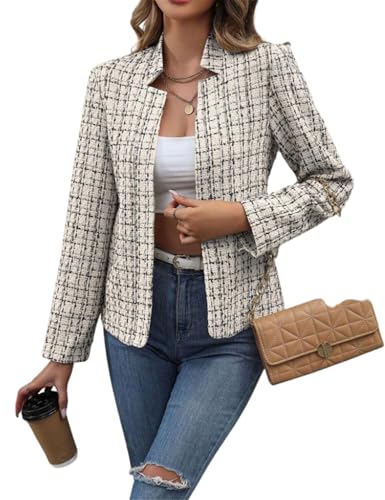 Damen-Blazer, Business-Stil, kariert, Tweed, elegant, langärmelig, schmal, Arbeitsblazer, Kerbkragen, Strickjacke, Aprikosengrau, M von Generisch