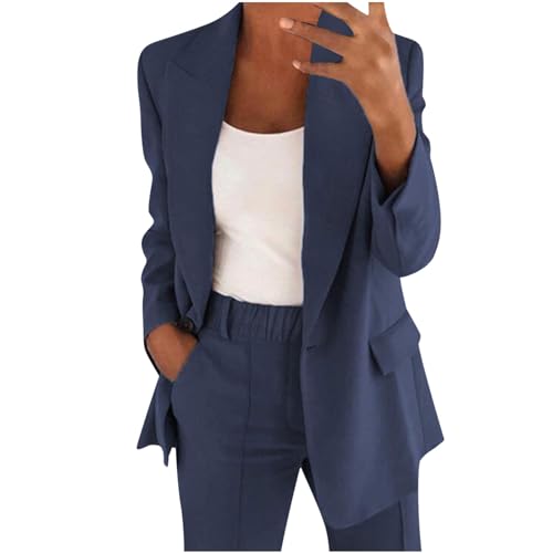 Damen-Blazer-Anzüge, 2-teiliges Set, vorne offen, langärmelig, Blazer und lange Hose, Business-, Büro-, Damen-Anzüge, 2-teiliges Outfit für Damen, dunkelblau, 52 von Generisch