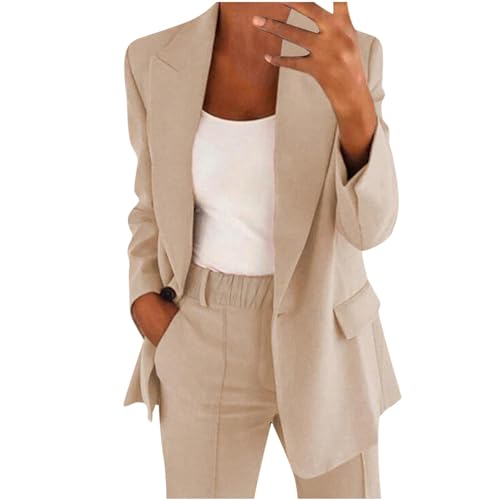Damen-Blazer-Anzüge, 2-teiliges Set, vorne offen, langärmelig, Blazer und lange Hose, Business-, Büro-, Damen-Anzüge, 2-teiliges Outfit für Damen, khaki, 46 von Generisch