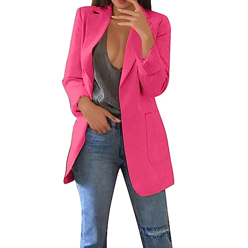 damen blazer hellblau, Blazer Damen Elegant Langarm Einfarbig Mantel Jacke Revers Geschäft Büro Anzugjacke Lang mit Tasche Sakko Anzug Business Longblazer Frühling Sommer Trenchcoat von Generisch