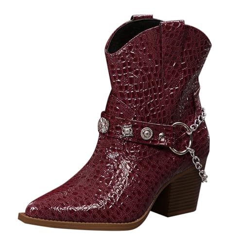 Damen Blockabsatz Stiefeletten, Cowboy Stiefel Damen Kurze Cowboystiefel Spitzer Zehenbereich Chelsea Boots Western Lederstiefel Plateau Westernstiefel Gürtelschnalle Damenstiefel von Generisch