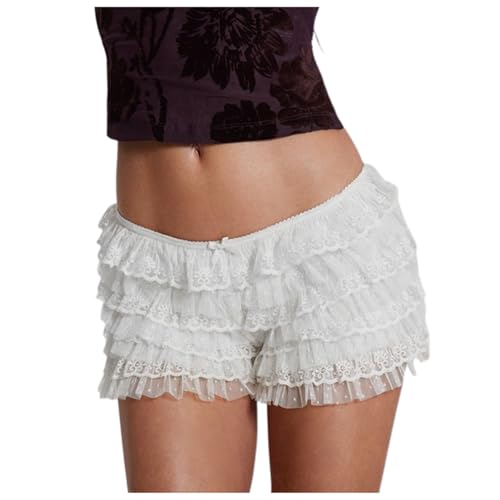 Damen Bloomer Shorts Y2k Weiß Spitze Kurze Hosen Mehrlagig Rüschen Elastische Niedrige Taille Hot Pants Mini Pettipants Teenager Mädchen Elegant Ruffl Lace Lolita Petticoat Party Spitzenshorts von Generisch