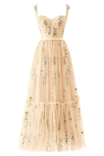 Damen Blumenstickerei Tüll Ballkleider Korsett Langer Spaghettiträger Fee Gerüscht Formelles Abendkleid PartykleidChampagner 40 Damen Blumenstickerei Tüll Ballkleider Korsett Langer Spaghettiträger Fee Gerüscht Formelles Abendkleid PartykleidChampagner 40 von Generisch