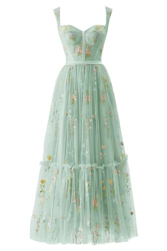 Damen Blumenstickerei Tüll Ballkleider Korsett Langer Spaghettiträger Fee Gerüscht Formelles Abendkleid PartykleidMinze grün 44 von Generisch
