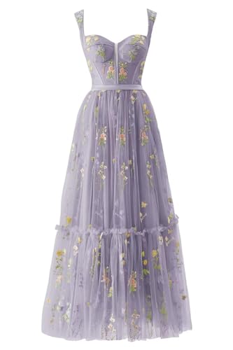 Damen Blumenstickerei Tüll Ballkleider Korsett Langer Spaghettiträger Fee Gerüscht Formelles Abendkleid PartykleidTee lila 48 von Generisch