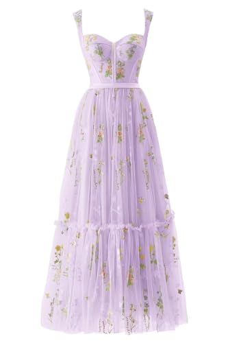 Damen Blumenstickerei Tüll Ballkleider Korsett Langer Spaghettiträger Fee Gerüscht Formelles Abendkleid Partykleidlavender 36 von Generisch