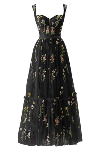 Damen Blumenstickerei Tüll Ballkleider Korsett Langer Spaghettiträger Fee Gerüscht Formelles Abendkleid Partykleidschwarz 42 von Generisch