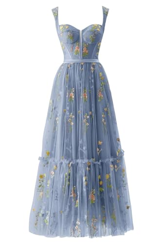 Damen Blumenstickerei Tüll Ballkleider Korsett Langer Spaghettiträger Fee Gerüscht Formelles Abendkleid Partykleidstaubig blau 54 von Generisch