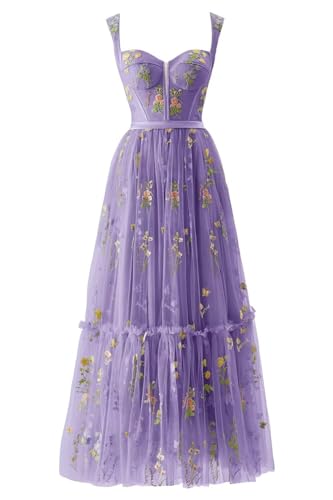 Damen Blumenstickerei Tüll Ballkleider Korsett Langer Spaghettiträger Fee Gerüscht Formelles Abendkleid Partykleidviolett 38 von Generisch
