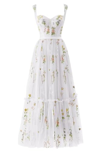 Damen Blumenstickerei Tüll Ballkleider Korsett Langer Spaghettiträger Fee Gerüscht Formelles Abendkleid Partykleidweiß 54 von Generisch