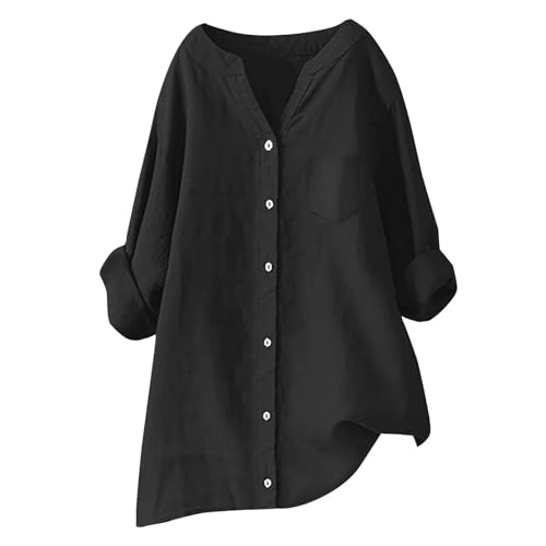 Damen Bluse Blusen & Tuniken Für leinenbluse Sommer leinenhemd große größen Button-Down Übergröße Hemd V-Ausschnitt Langarm Elegant Atmungsaktive Tops Freizeithemd Lose Shirts Mit Brusttaschen von Generisch
