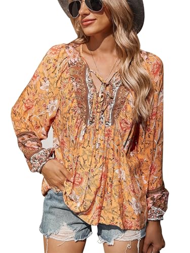 Damen Bluse Elegant Boho V-Ausschnitt Blumenmuster Floral Loose Mode Tunika Damen Langarm Sommer Leicht Und Luftig Strandhemd Blusenshirt von Generisch