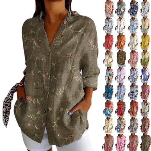 Damen Bluse Langerm V-Ausschnitt Tunika Sommer Tops Locker Shirt Elegant Lässig Oberteil Vintage Fisch Kunstdruck Hemdbluse Aquarell-Illustration Blusen Hellgrün Beige von Generisch