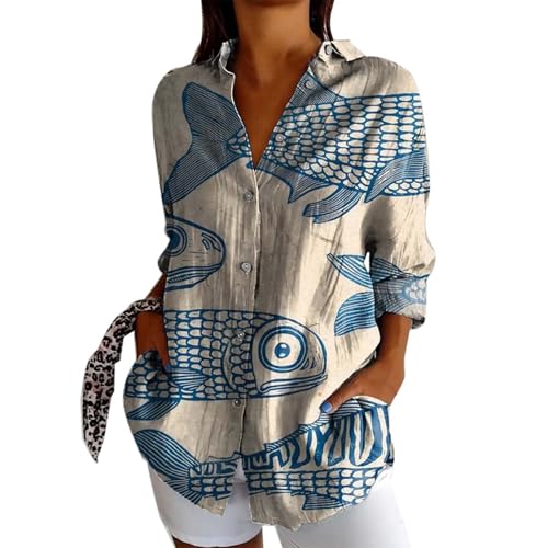 Damen Bluse Langerm V-Ausschnitt Tunika Sommer Tops Locker Shirt Elegant Lässig Oberteil Vintage Fisch Kunstdruck Hemdbluse Aquarell-Illustration Blusen Hellgrün Beige von Generisch