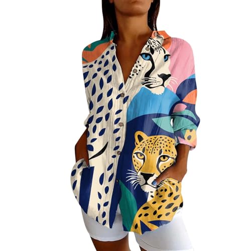 Damen Bluse Langerm V-Ausschnitt Tunika Sommer Tops Locker Shirt Elegant Lässig Oberteil Vintage Fisch Kunstdruck Hemdbluse Aquarell-Illustration Blusen Hellgrün Beige von Generisch