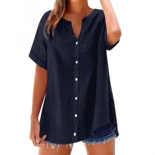 Damen Bluse Sommer Elegant Baumwolle Leinen Hemd Kurzarm Oberteile V-Ausschnitt Button-down Blusen Casual Hemdbluse Basic Revers Shirts Tunika Tops Hemdblusen Frauen Modisch Und Vielseitig von Generisch
