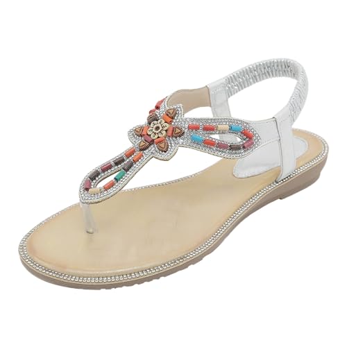 Damen Bohemia Sandalen mit Strass Perlen Bohemia Freizeit Sommerschuhe mit Strass Plateau Pantoletten rutschfest Gartenschuhe Sommerschuhe mit Anatomisch Geformtem Fußbett für Extra Leicht von Generisch