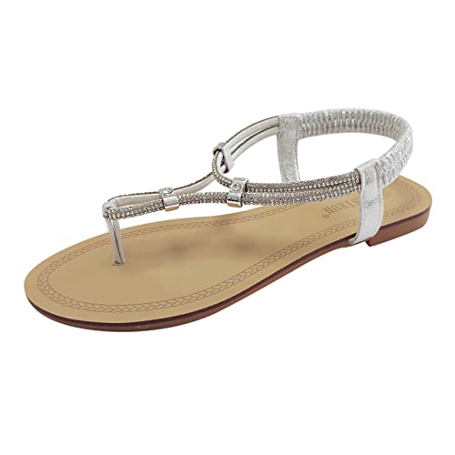 Damen Bohemia Sandalen mit Strass Perlen Sommer Strand Schuhe Freizeit Flach Sandalette Sommer Rutschfeste Dicker Sohle Weich Wolken Pantoletten Sommer Keilabsatz Leder Hausschuhe Geschenk für Frauen von Generisch