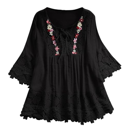Damen Bohemian besticktes Hemd Langarm Tunika Gaze Floral Grafik Rüschen Front Kleidung Sommer Tops Leinen Boho Bauernblusen Casual Damen Bohemian Style Spitze Damen, Schwarz , 52 von Generisch