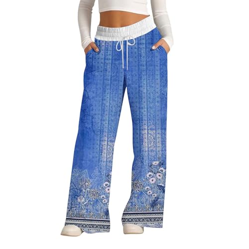 Damen Boho Blumendruck Weites Bein Hosen Elastische Taille Loose Fit Loungehose Bequeme Hohe Taille Baumwollmischung Pyjamahose Freizeithose für Frauen mit Vintage Bohemian Muster, blau, XXL von Generisch