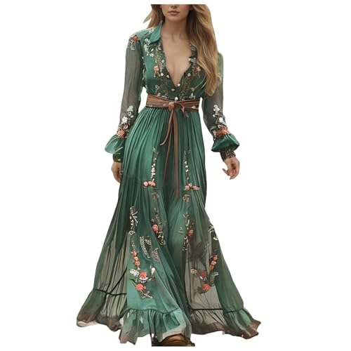 Damen Boho Lange Kleid mit Blumenmuster Sommerkleid Vintage Rustikaler Stil V-Ausschnitt Maxikleid Damen Frühling Langarm Blumenkleid Strandkleid Freizeitkleider (Green, M) von Generisch