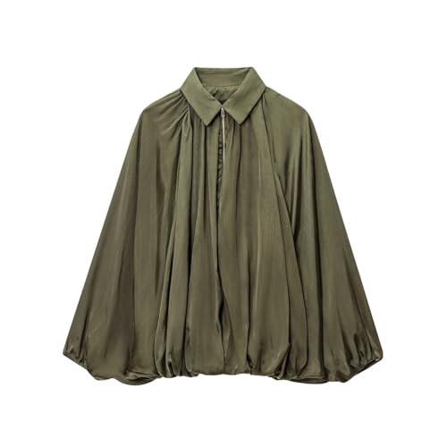 Damen Bomberjacke Oversized Batwing Damen Puffed Bomberjacke Front Zip Bubble Hem Jacken, dunkelgrün, M von Generisch