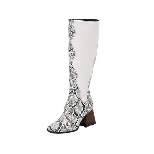 Damen Boots Kontrastfarbe Rundspitzige Stiefel Elastizität Oversize Damenstiefel Bequeme Gefüttert Langschaftstiefel Blockabsatz Modetrend Frauen Stiefel Outdoorstiefel mit Kette von Generisch