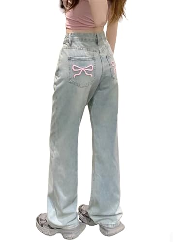 Damen Bowknot Stickerei Jeans Baggy Jeans mit Schleifen Mädchen Y2k Straight Leg Boyfriend Denim Pants, blau, XXL von Generisch