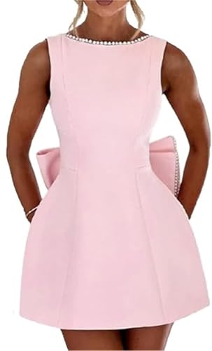 Damen Bowknot Vintage Satin Perlenkleider Elegant Rückenfrei Mini A Linie Kleider Damen Kurz Prom Cocktail Slim Fit Kleider (Rosa,S) von Generisch
