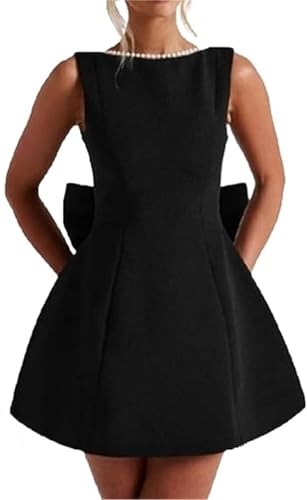 Damen Bowknot Vintage Satin Perlenkleider Elegant Rückenfrei Mini A Linie Kleider Damen Kurz Prom Cocktail Slim Fit Kleider (Schwarz,S) von Generisch