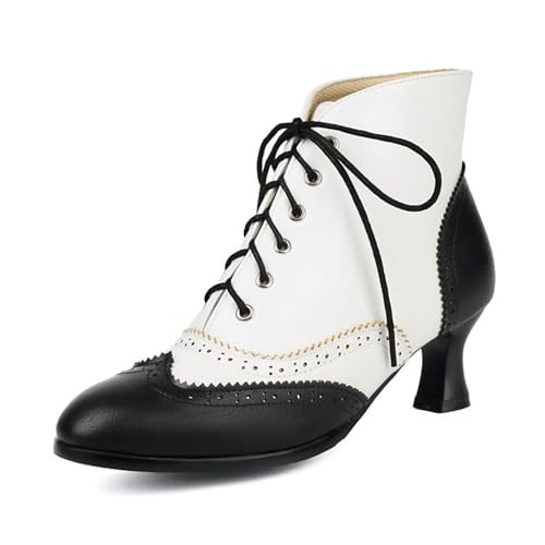 Damen Brouge Schnürstiefeletten Kätzchen Chunky Heels Vintage Oxfords viktorianisches Kleid kurze Chelsea Booties, Schwarz , 41 EU von Generisch