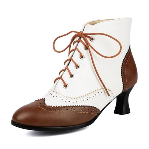 Damen Brouge Schnürstiefeletten Kätzchen Chunky Heels Vintage Oxfords viktorianisches Kleid kurze Chelsea Booties, braun, 40.5 EU von Generisch