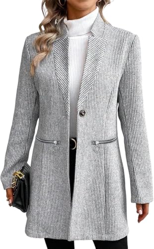 Damen Button-Up Langarm Blazer Jacke Slim Fit Gestreifter Mantel Mit Gekerbtem Revers Eleganter Business Trenchcoat Für Herbst Winter Bürokleidung (Grau,L) von Generisch